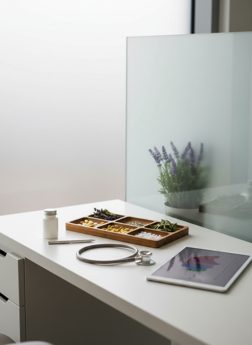 A minimalist white desk in a modern behavioral health office, captured in photographic realism, displaying an integrative approach to mental healthcare through carefully arranged objects. A stethoscope rests beside a small wooden tray divided into sections holding colorful vitamin tablets, mineral supplements, and dried botanical leaves. Nearby, a closed, unbranded pill bottle sits next to a sleek, silver pen and a tablet computer showing an abstract, non-readable chart. Behind, a frosted glass wall and a potted lavender plant create a calm backdrop. Diffused overcast daylight from an unseen window bathes the scene, creating soft highlights and subtle shadows, conveying professionalism, balance, and holistic care without any human presence.
