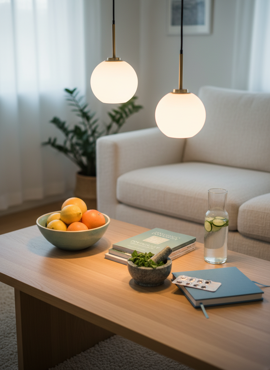 A peaceful therapy environment with a focus on growth and wellbeing, shown as a photographic scene of a low, light-oak coffee table in front of a neutral-toned sofa, but with no people present. On the table, a ceramic bowl of fresh citrus fruits sits beside a small mortar and pestle containing crushed green herbs, a stack of psychology journals, and an unbranded medication blister pack partially tucked under a calming blue notebook. A tall glass carafe of water with floating cucumber slices adds a refreshing touch. Warm pendant lighting from above and indirect daylight from a side window blend to create a soft, inviting glow. Shot from a slightly elevated angle with shallow depth of field, the overall mood is reassuring, integrative, and professional.
